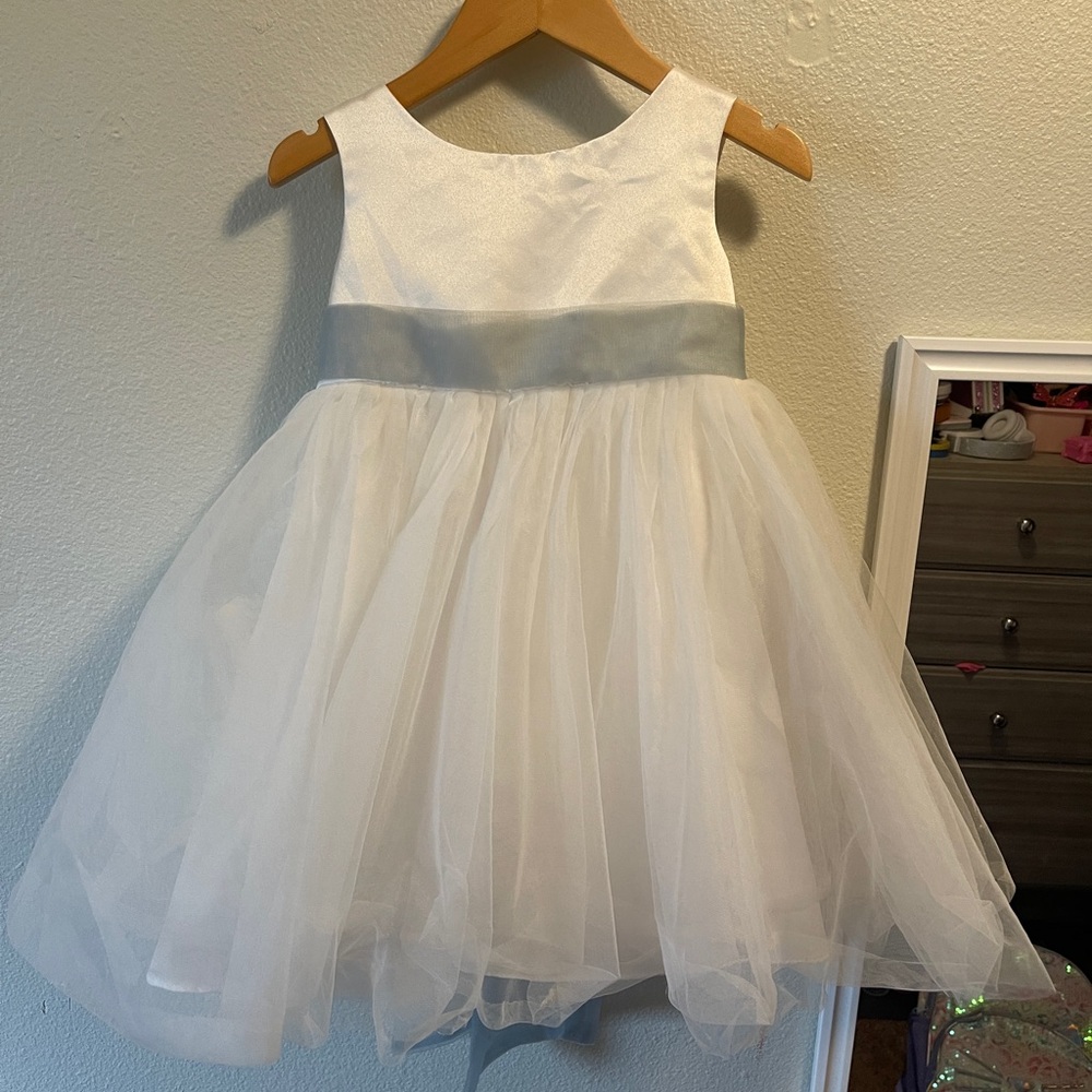 Azazie Kavi Ivory Dusty Blue A-Line Bow Matte Satin Dress